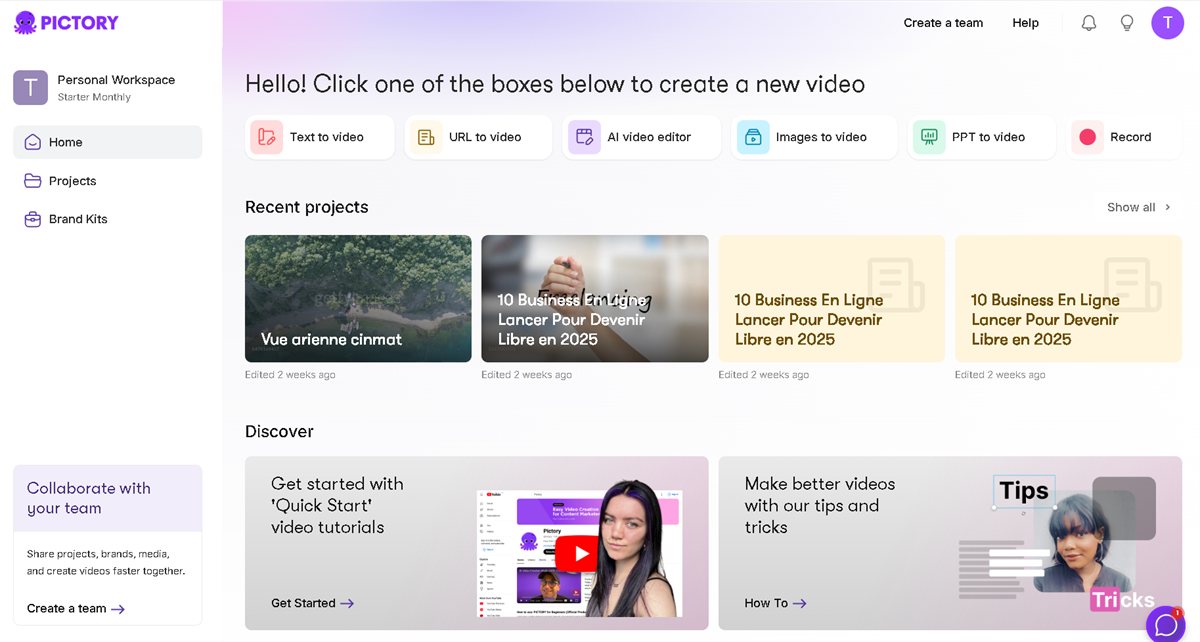 Interface Pictory.ai montrant la transformation de texte en vidéo professionnelle